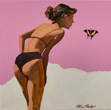 Laden Sie das Bild in den Galerie-Viewer, Pink coastal original painting of a lady in a bikini looking at a butterfly on a pink background